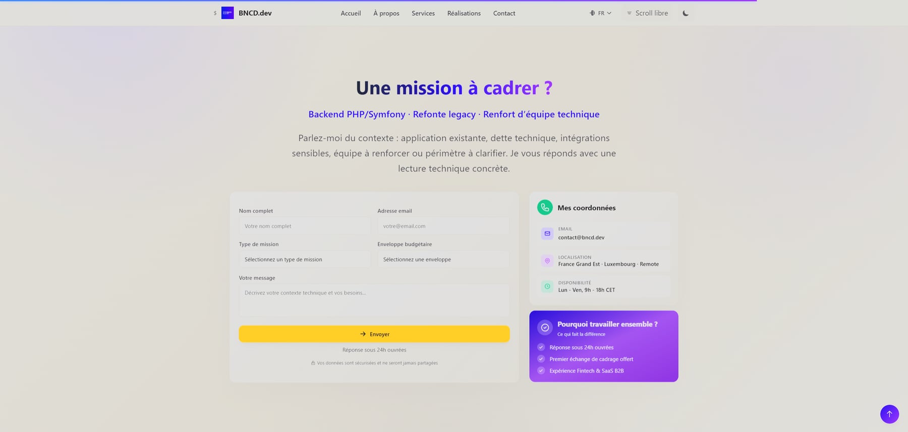 Formulaire de cadrage d’une mission sur BNCD.dev