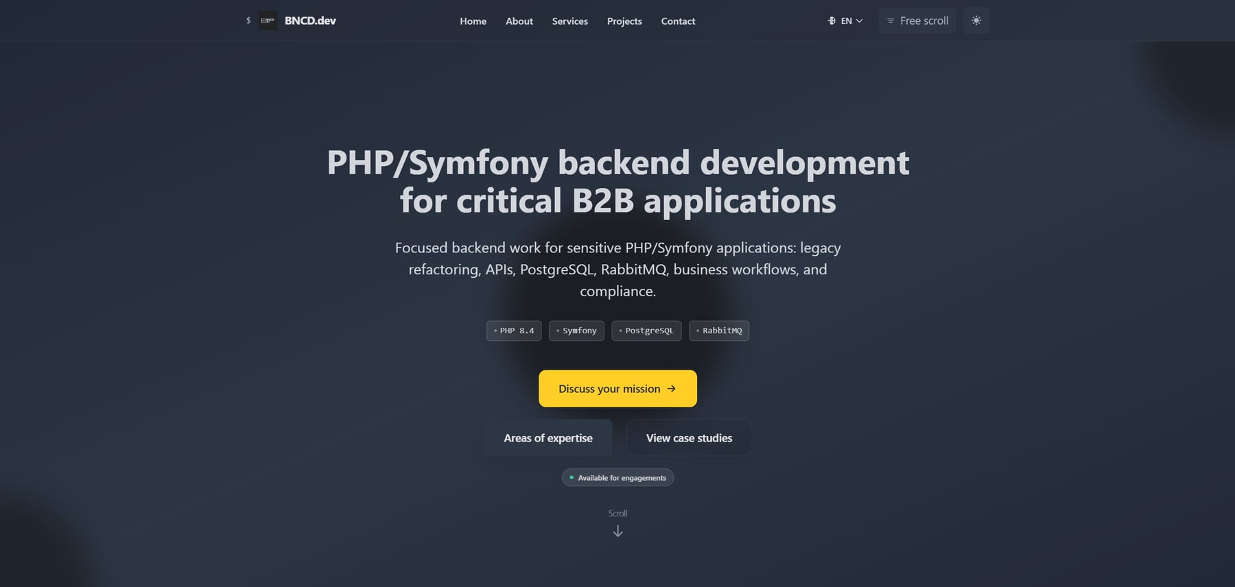 Accueil de BNCD.dev présentant l’offre backend PHP et Symfony