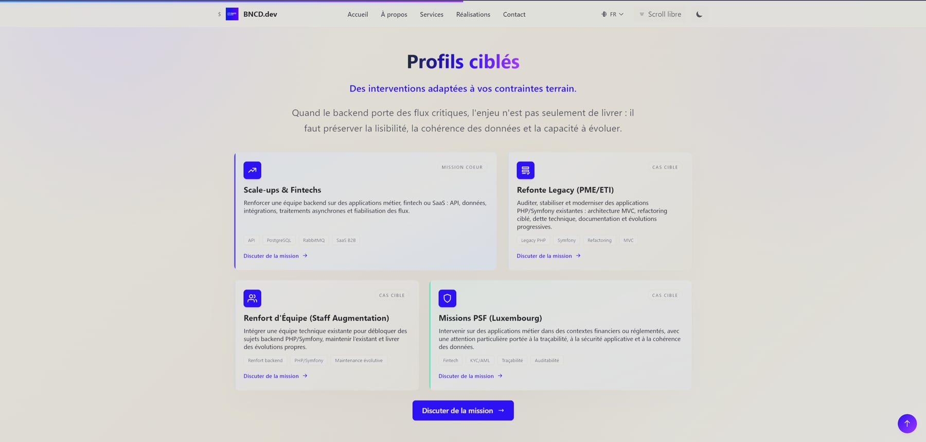 Profils clients et missions ciblés par BNCD.dev