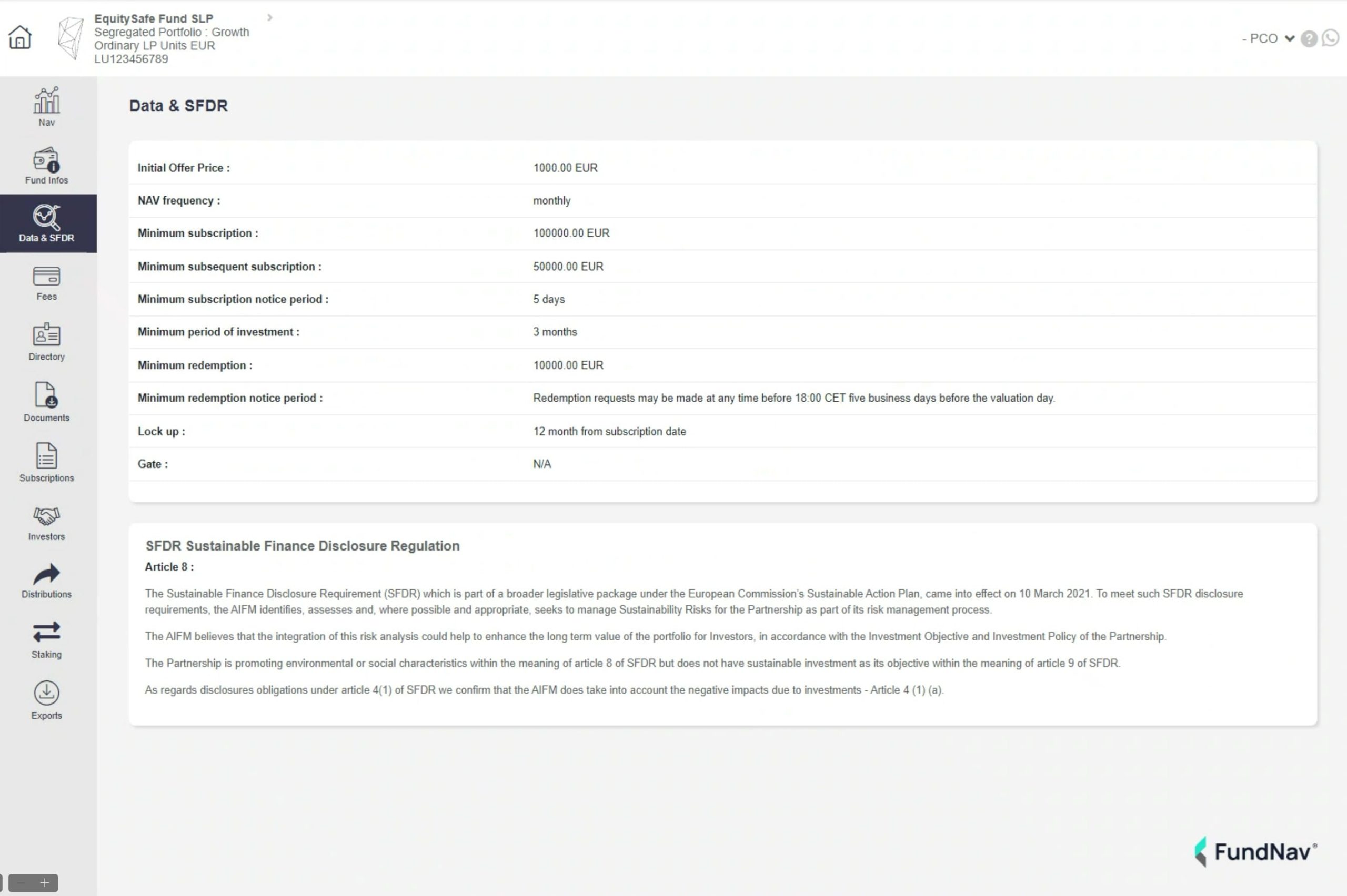 Paramètres du fonds et informations SFDR dans FundNav