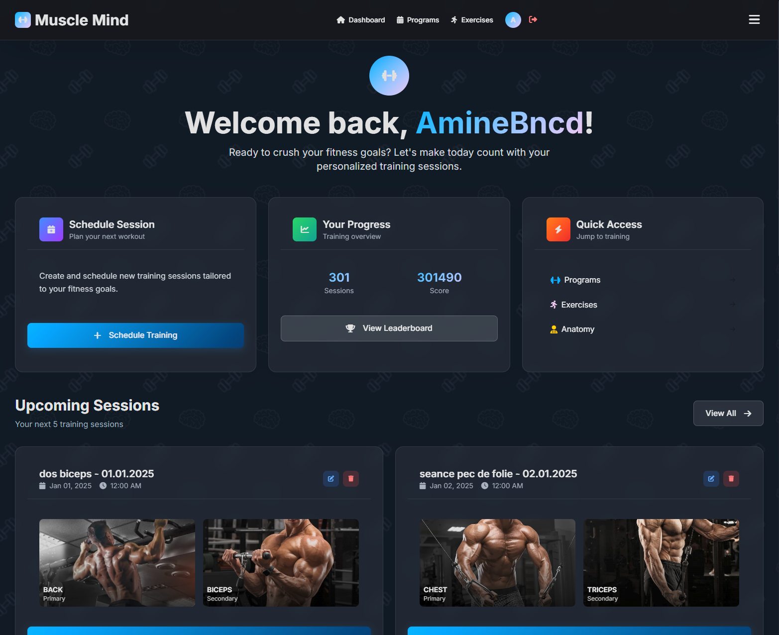 Tableau de bord MuscleMind