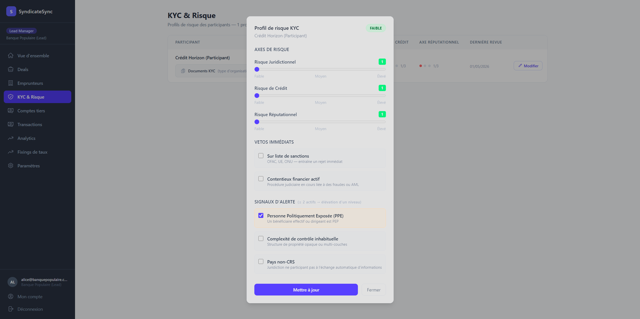 Profil de risque KYC d’un participant dans SyndicateSync